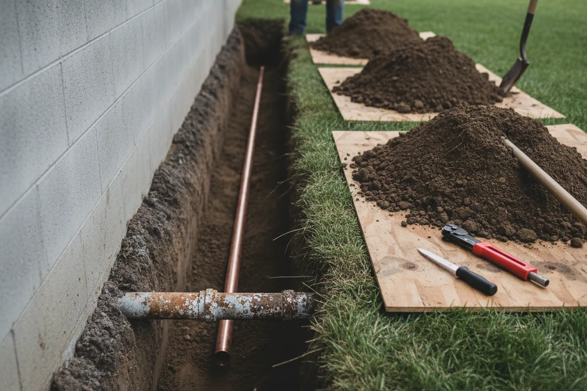 Excavated water line trench during Water Softener Installation in Eloy